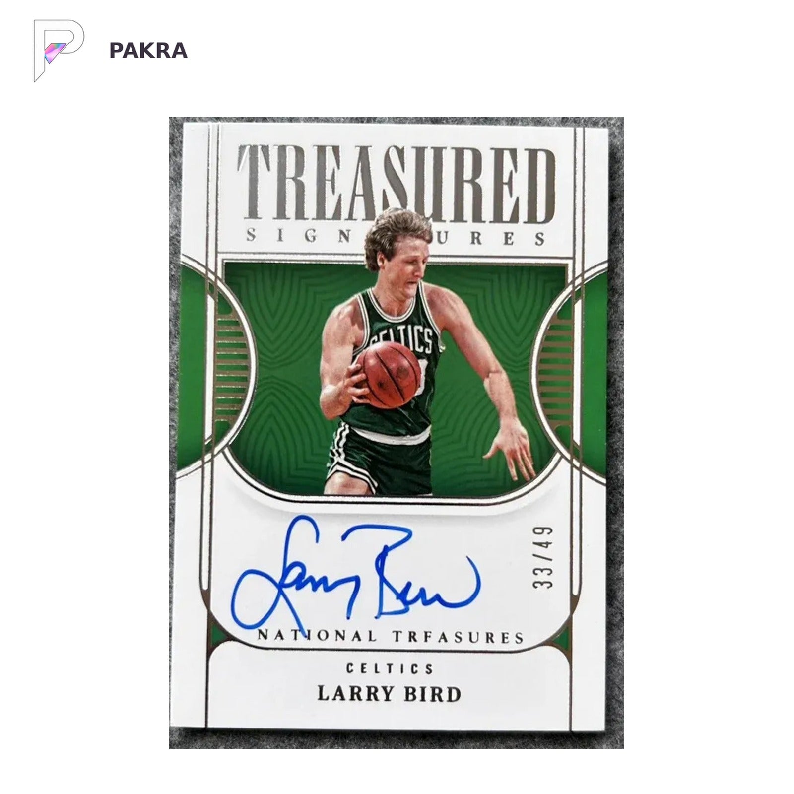 2022-23 Panini National Treasures Larry Bird Auto 33/49 Jersey Number shown on a white PAKRA background.