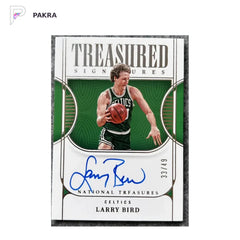 2022-23 Panini National Treasures Larry Bird Auto 33/49 Jersey Number shown on a white PAKRA background.