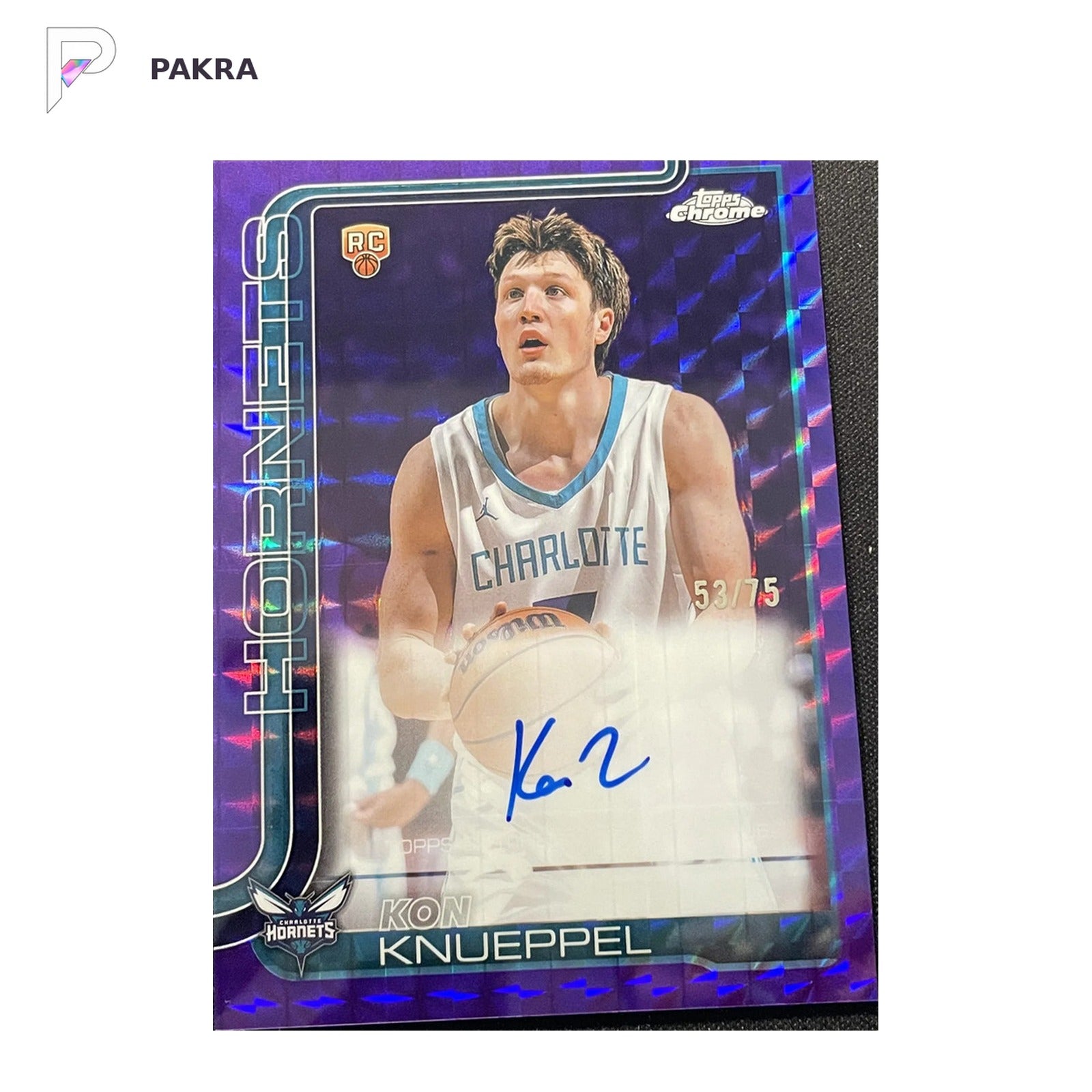 2025-26 Topps Chrome Auto Kon Knueppel RC #TCAR-KK Purple Geometric 53/75 shown on a white PAKRA background.