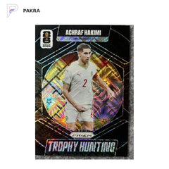 2026 Panini Prizm FIFA WORLD CUP Achraf Hakimi Trophy Hunting Black 1/1 shown on a white PAKRA background.