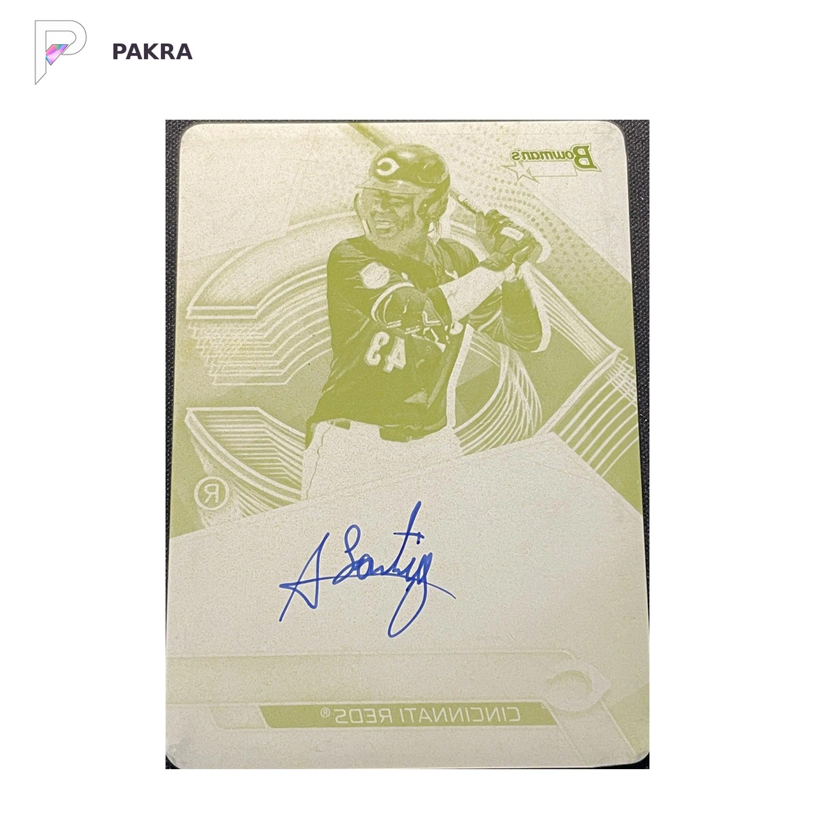 2025 Topps Bowman's Best Auto Arnaldo Lantigua Yellow Printing Plate 1/1 shown on a white PAKRA background.
