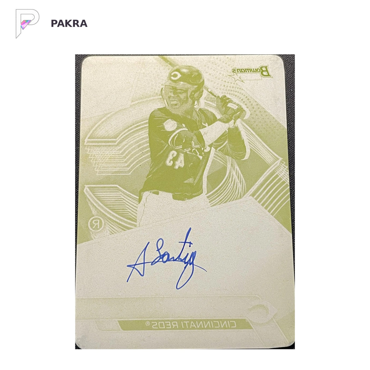 2025 Topps Bowman's Best Auto Arnaldo Lantigua Yellow Printing Plate 1/1 shown on a white PAKRA background.