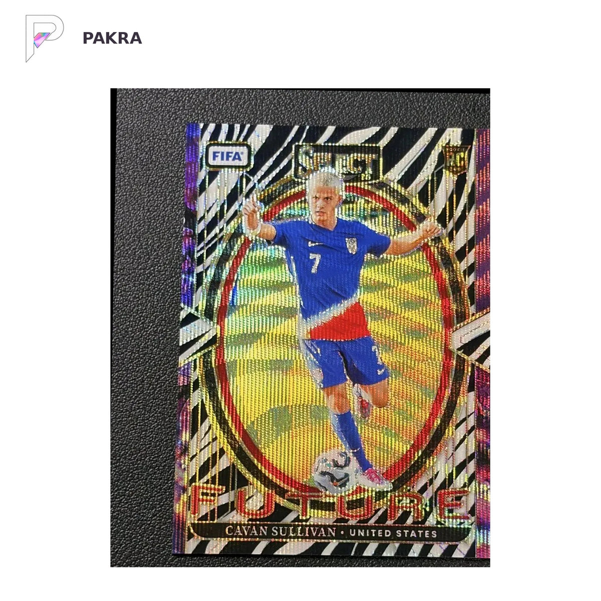 2024-25 Panini Select FIFA Cavan Sullivan #12 RC Rookie Future Zebra Prizm shown on a white PAKRA background.