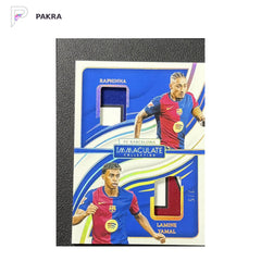 2024-25 Panini Immaculate Lamine Yamal Raphinha Dual Patch Relic /5 SSP shown on a white PAKRA background.