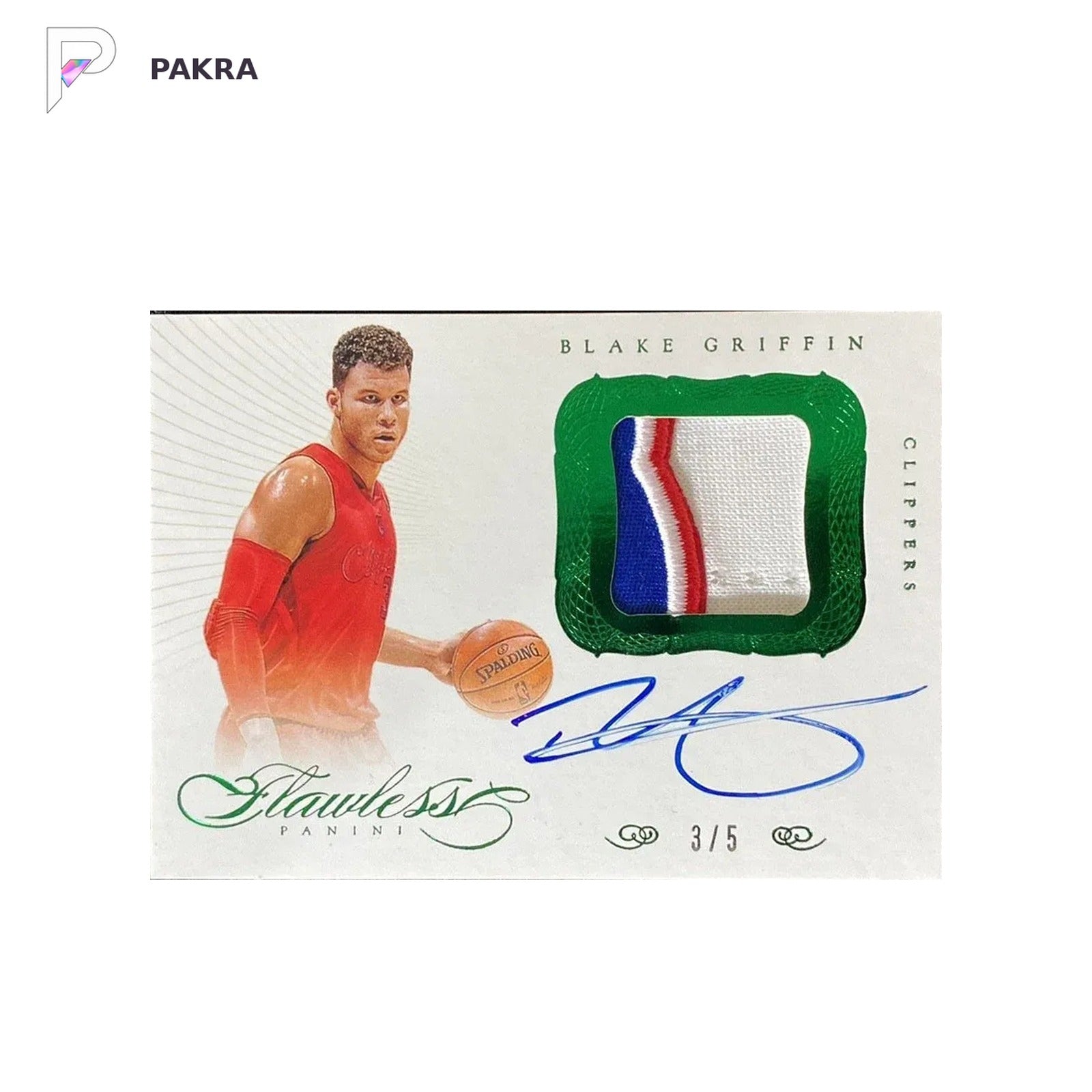 2012-13 Panini Flawless Blake Griffin Auto Patch PA Green 3/5 #3 Clippers shown on a white PAKRA background.