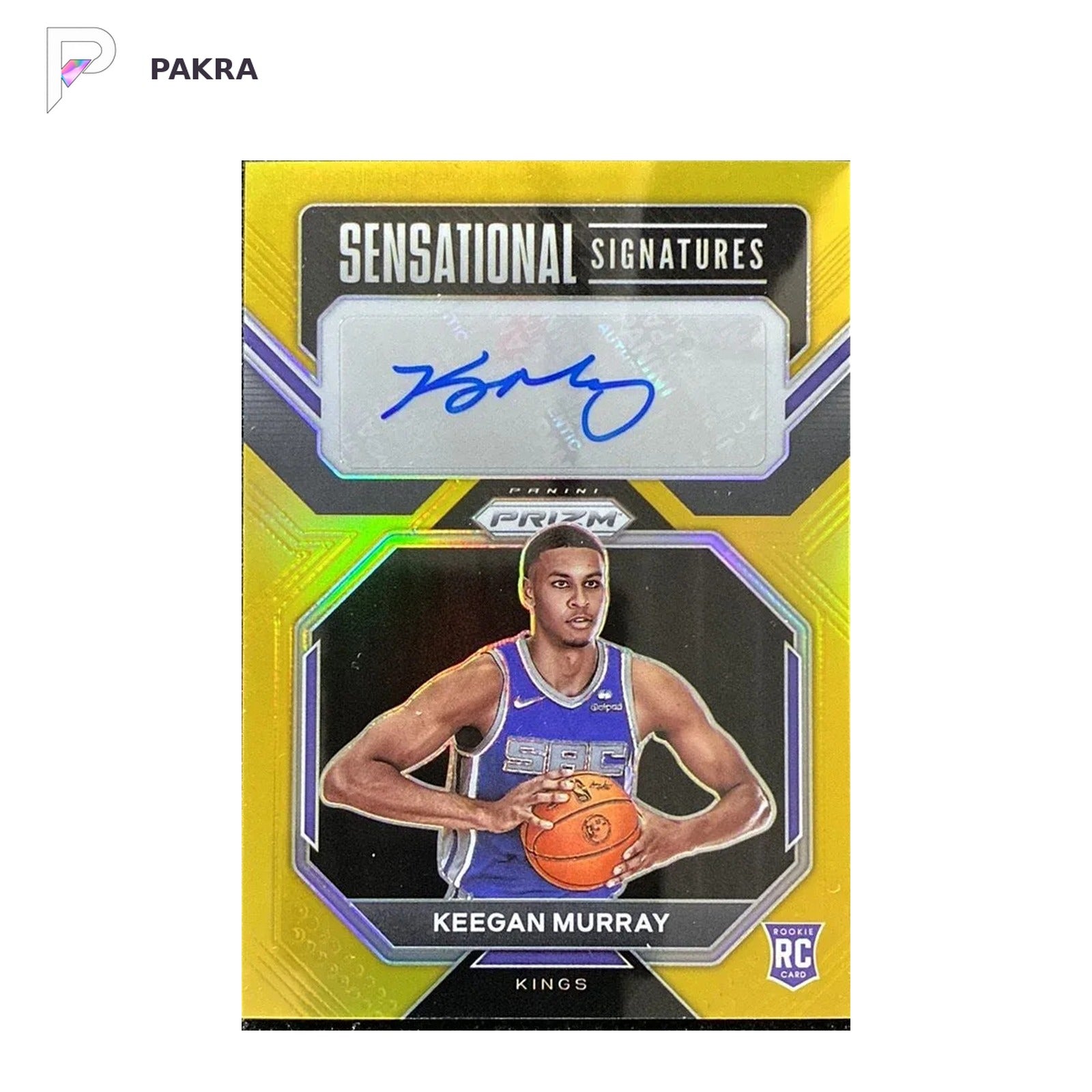 2022-23 Panini Prizm Keegan Murray RC Rookie Sensational Auto Gold 07/10 shown on a white PAKRA background.