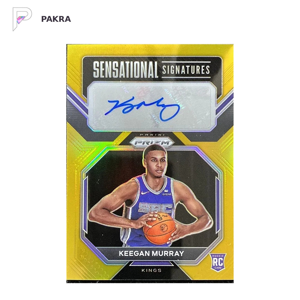 2022-23 Panini Prizm Keegan Murray RC Rookie Sensational Auto Gold 07/10 shown on a white PAKRA background.