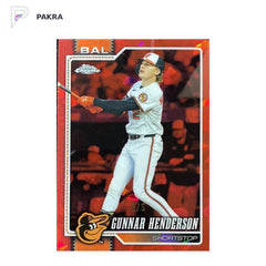 2026 Topps Chrome Sapphire Gunnar Henderson Red REF 2/5 #153 Orioles JSY shown on a white PAKRA background.