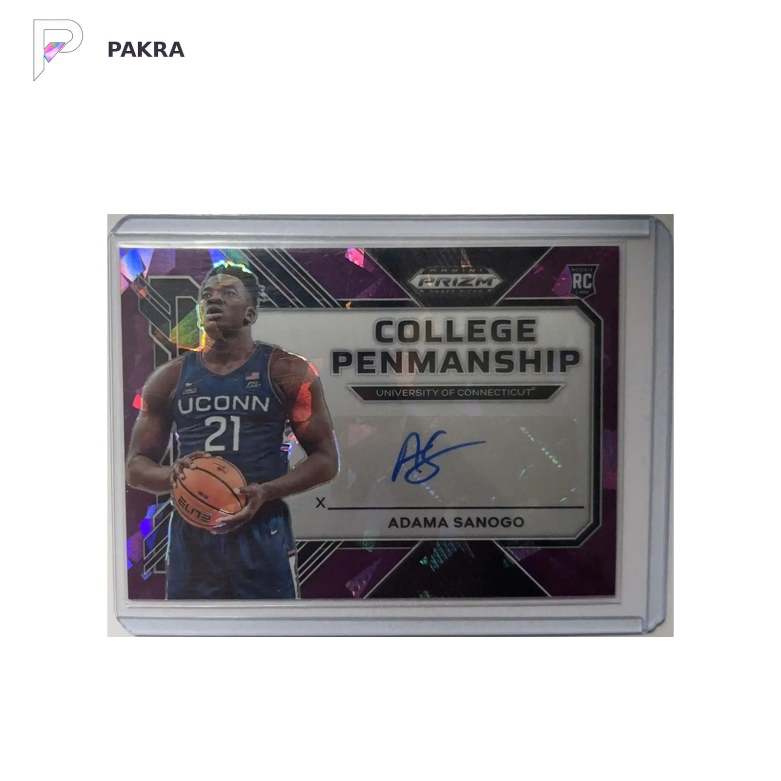2023 Panini Prizm Draft Picks College Penmanship Adama Sanogo RC AUTO 69/99 shown on a white PAKRA background.