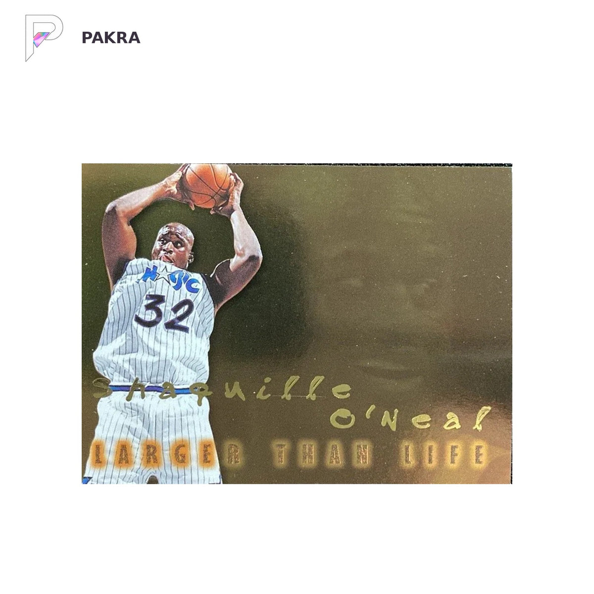 1996-97 Skybox Premium Shaquille O'Neal Larger Than Life #B15 Magic shown on a white PAKRA background.