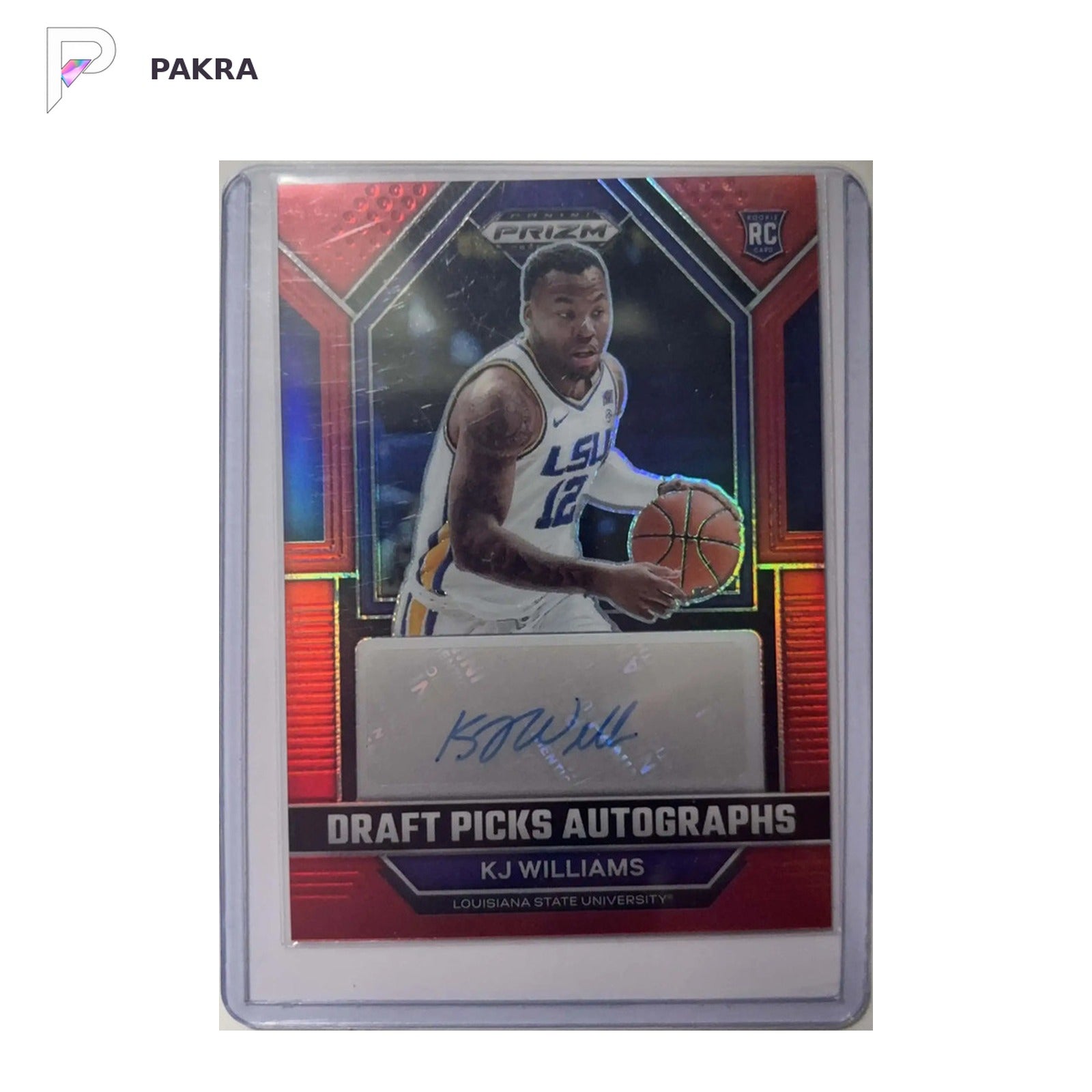 2023 Panini Prizm Draft Picks Autographs KJ Williams Red RC AUTO 99/149 shown on a white PAKRA background.