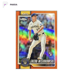 2026 Topps Chrome Jacob Misiorowski RC Rookie True Orange Refractor 6/25 shown on a white PAKRA background.