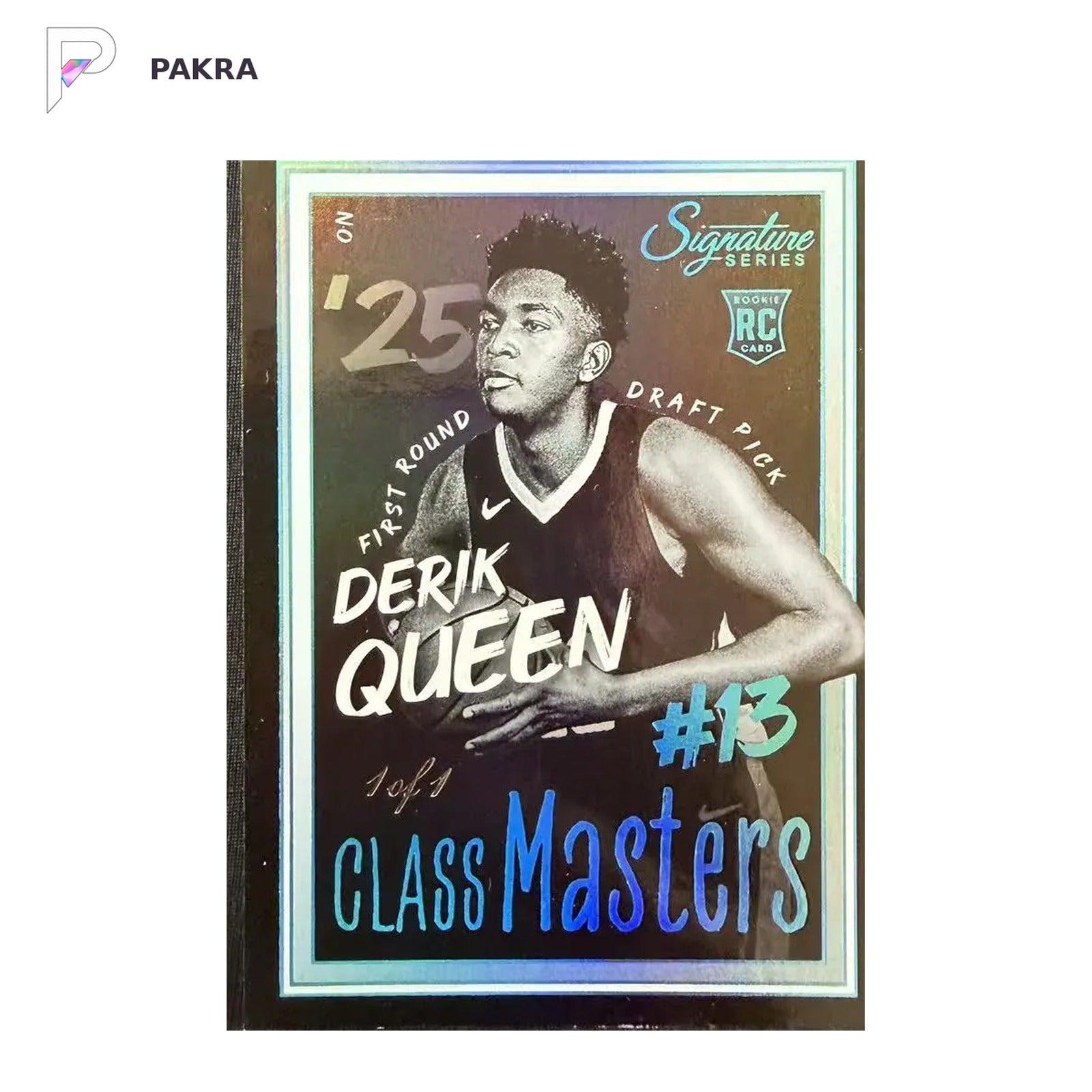 2025‑26 Signature Series Derik Queen RC Class Masters Black & Blue #13 1/1 shown on a white PAKRA background.