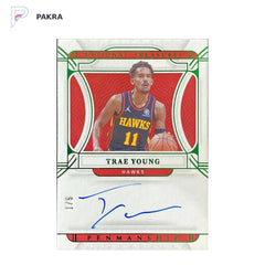 2021-22 Panini National Treasures Trae Young Penmanship Auto Green 1/5 shown on a white PAKRA background.