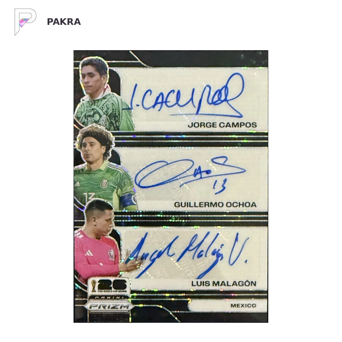Campos & Ochoa & Malagon 2026 Panini Prizm Triple Auto black 1/1 Mexico shown on a white PAKRA background.