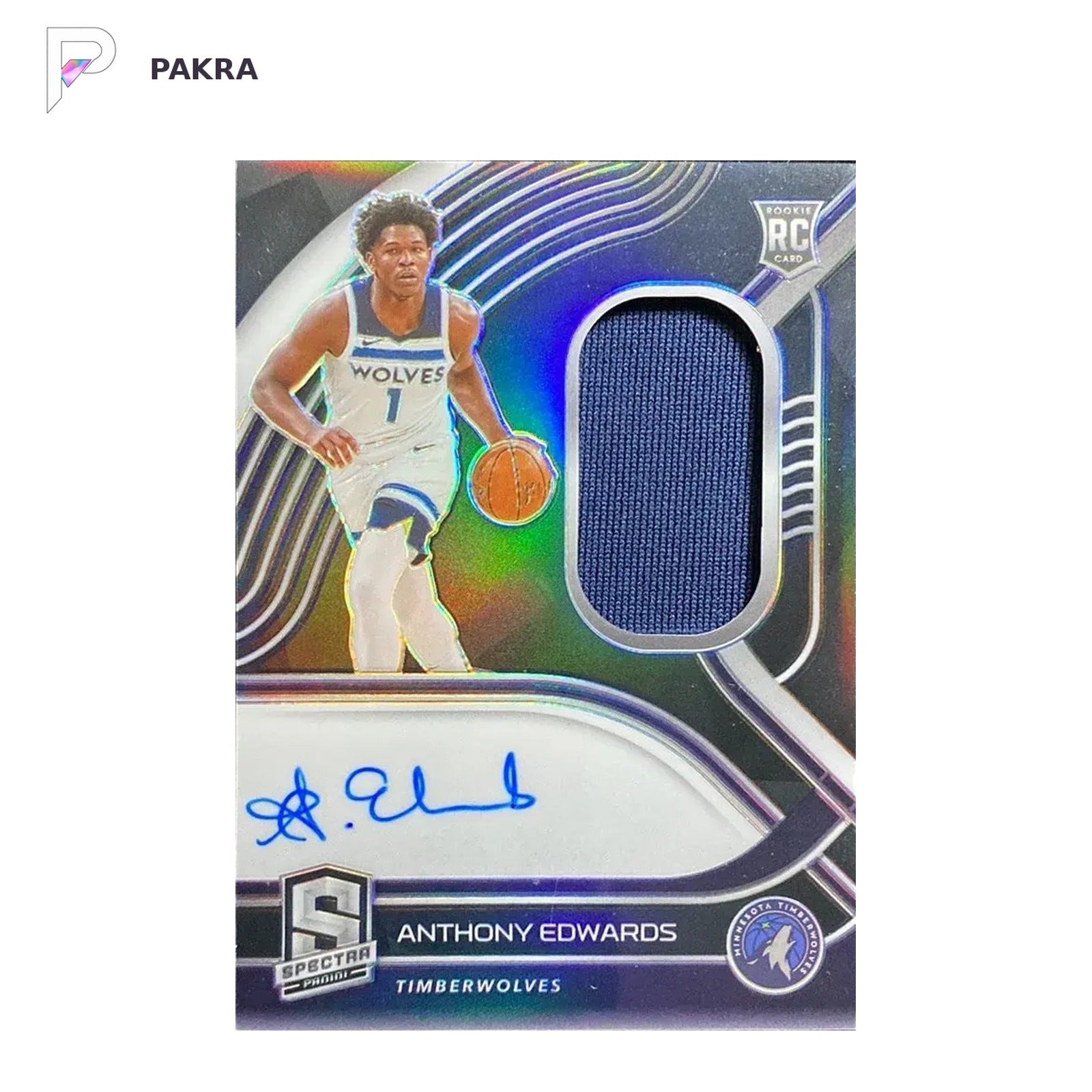 2020-21 Panini Spectra Jersey Patch Autograph Anthony Edwards /99 RC Rookie shown on a white PAKRA background.