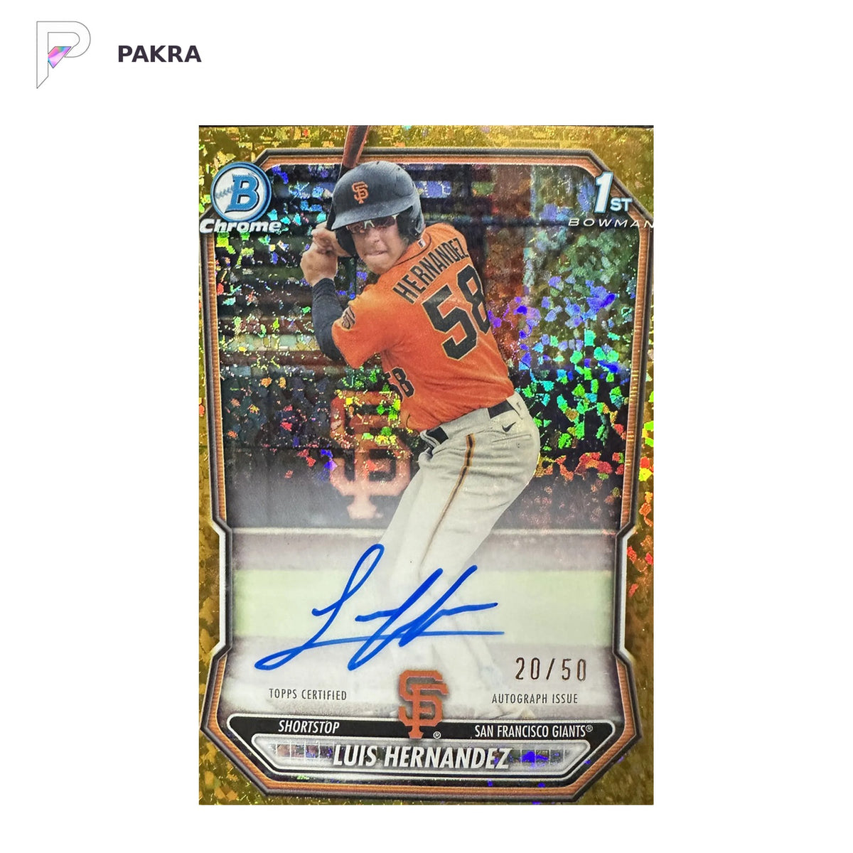 2026 Topps Bowman Chrome Luis Hernandez 1st Auto Gold Mini Diamond 20/50 shown on a white PAKRA background.