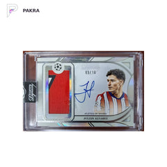2025 Topps Dynasty UEFA Soccer Card Julian Alvarez /10 Patch Auto #APV-JA3 shown on a white PAKRA background.