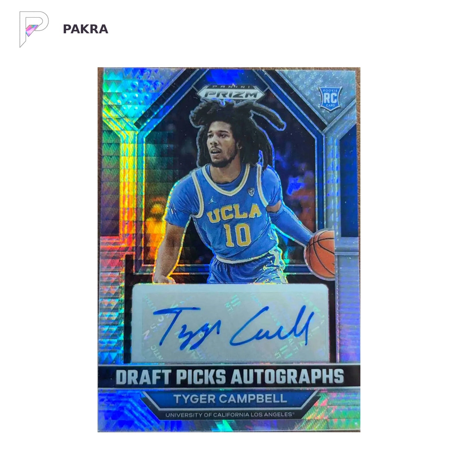 Panini 2023-24 Prizm DraftPicks Tyger Campbell 026/125RCAuto DPA-TCB Blue shown on a white PAKRA background.