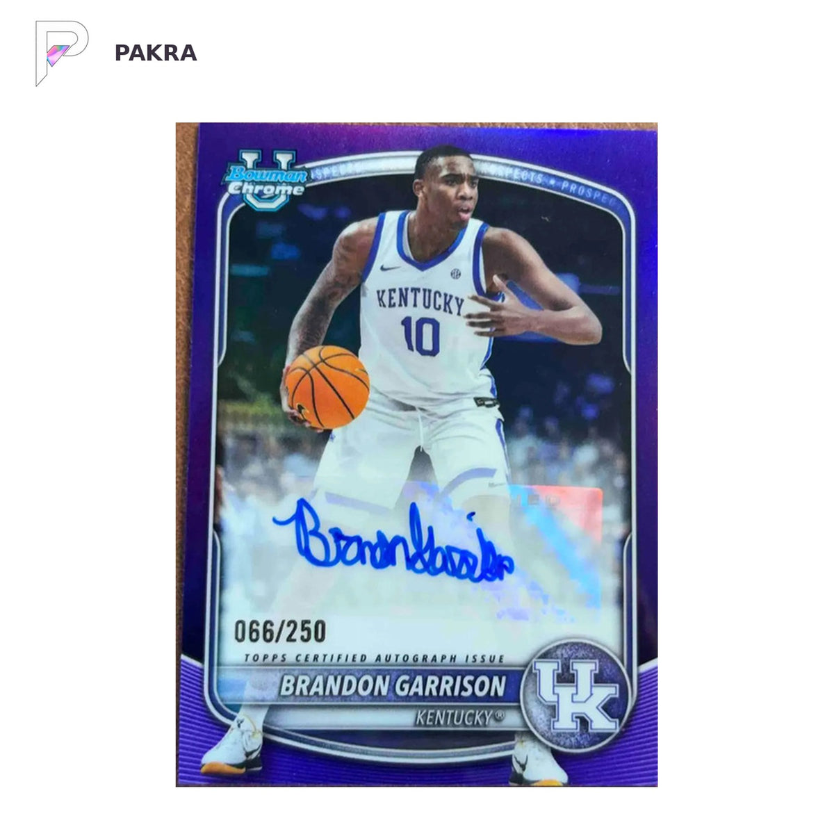 Bowman 2025-26 BrandonGarrison Kentucky WildcatsAutograph /250 Basketball shown on a white PAKRA background.