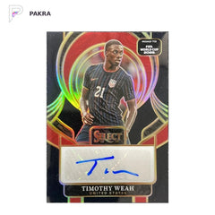 2025 Panini Select Road To World Cup Timothy Weah USA Black Auto 1/1 shown on a white PAKRA background.
