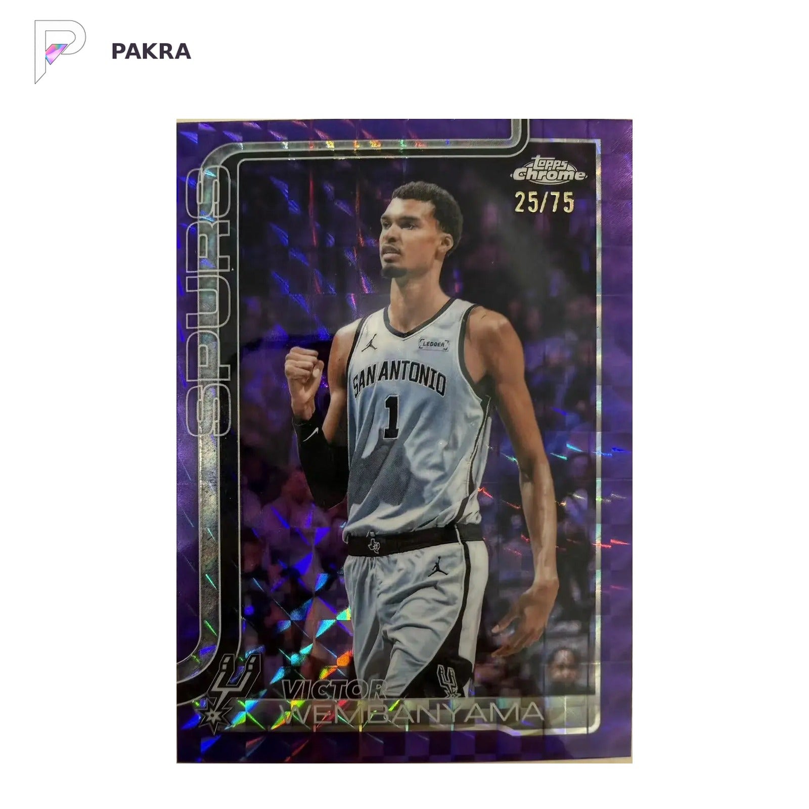 2025-26 Topps Chrome Update Victor Wembanyama Purple Geometric 25/75 Spurs shown on a white PAKRA background.