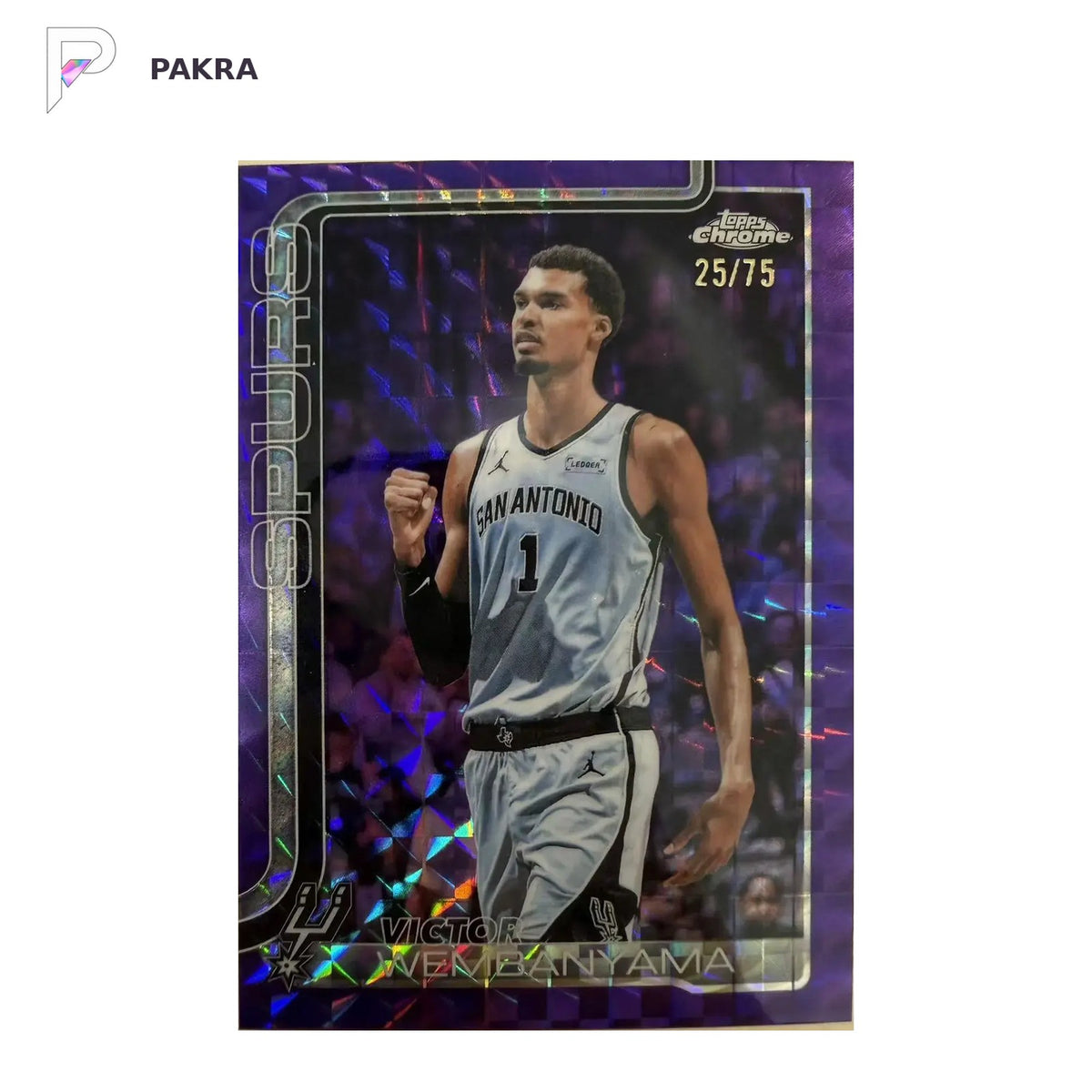2025-26 Topps Chrome Update Victor Wembanyama Purple Geometric 25/75 Spurs shown on a white PAKRA background.