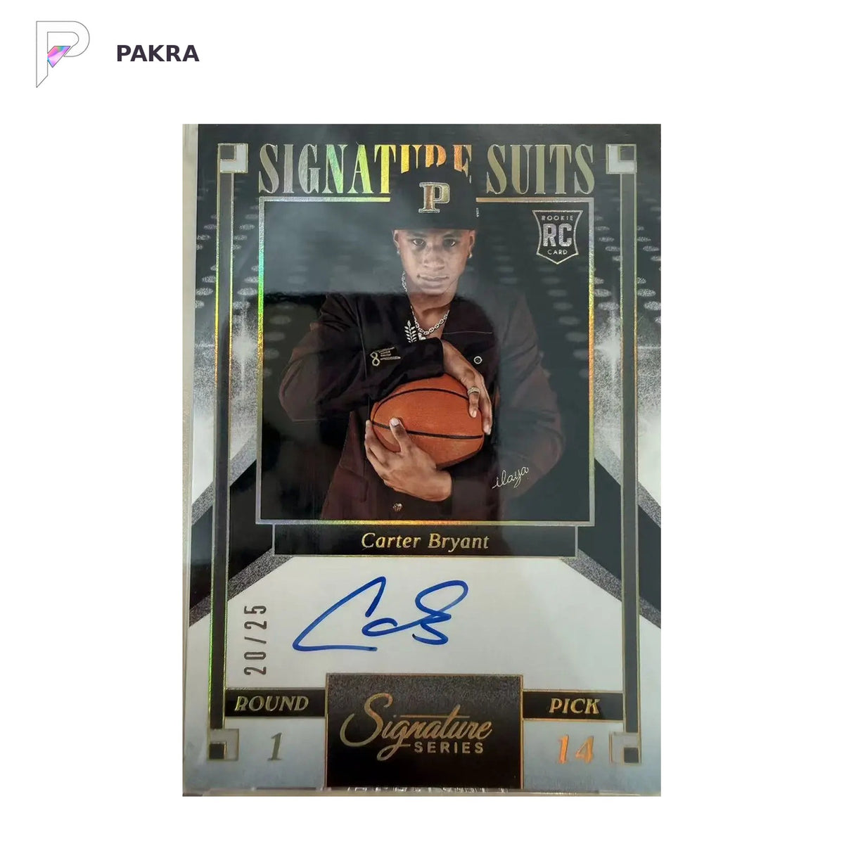 2025-26 Panini Signatures Series Carter Bryant RC Rookie Auto 20/25 Sealed shown on a white PAKRA background.