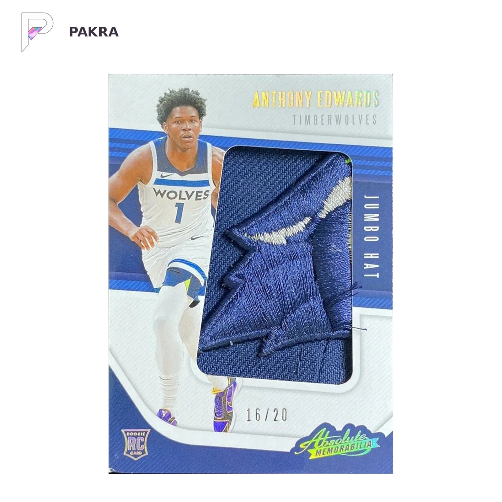 2020-21 Panini Absolute Jumbo Hat Team Logo Anthony Edwards RC Patch 16/20 shown on a white PAKRA background.
