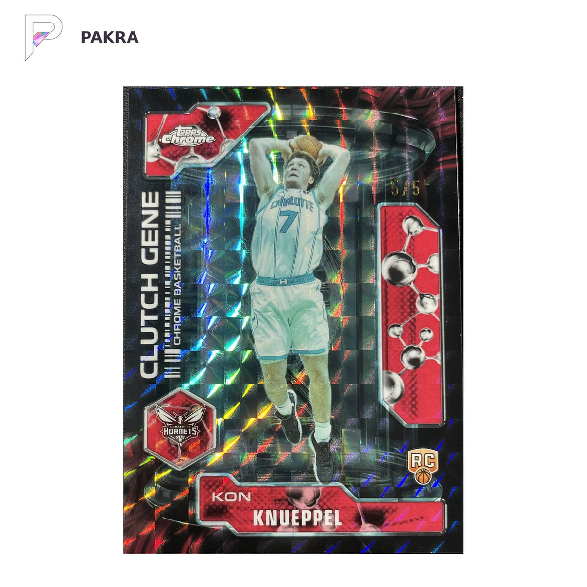 2025-26 Topps Chrome Updates Kon Knueppel RC Clutch Gene Red Geometric 5/5 shown on a white PAKRA background.