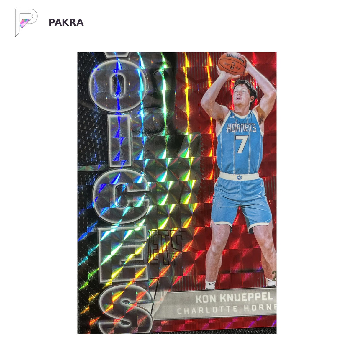 2025-26 Topps Chrome Kon Knueppel RC Voices Red Geometric REF 2/5 #VS-9 shown on a white PAKRA background.