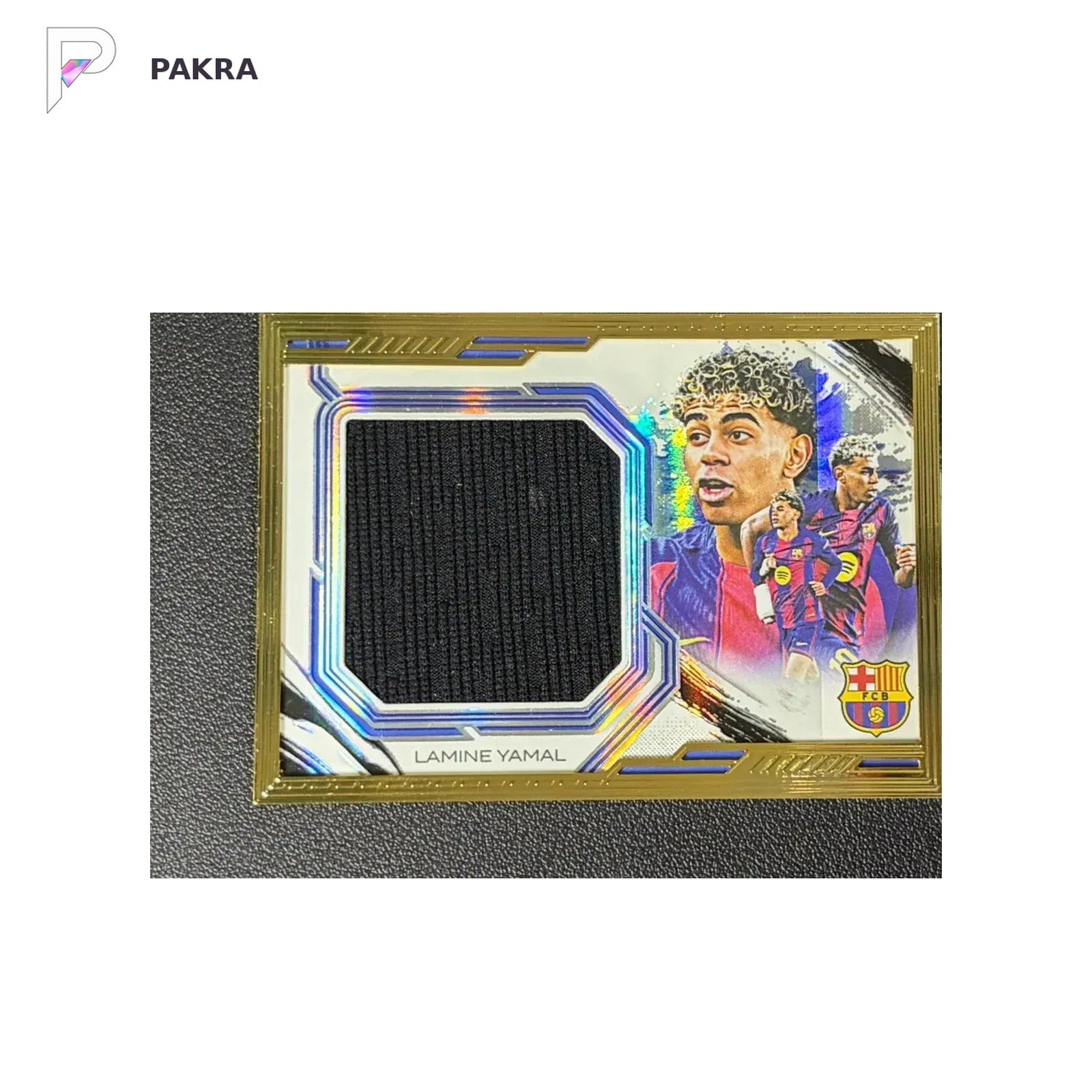 2024-25 Futera Unique Lamine Yamal Gold Frame Jersey Patch Barcelona 3/3 shown on a white PAKRA background.