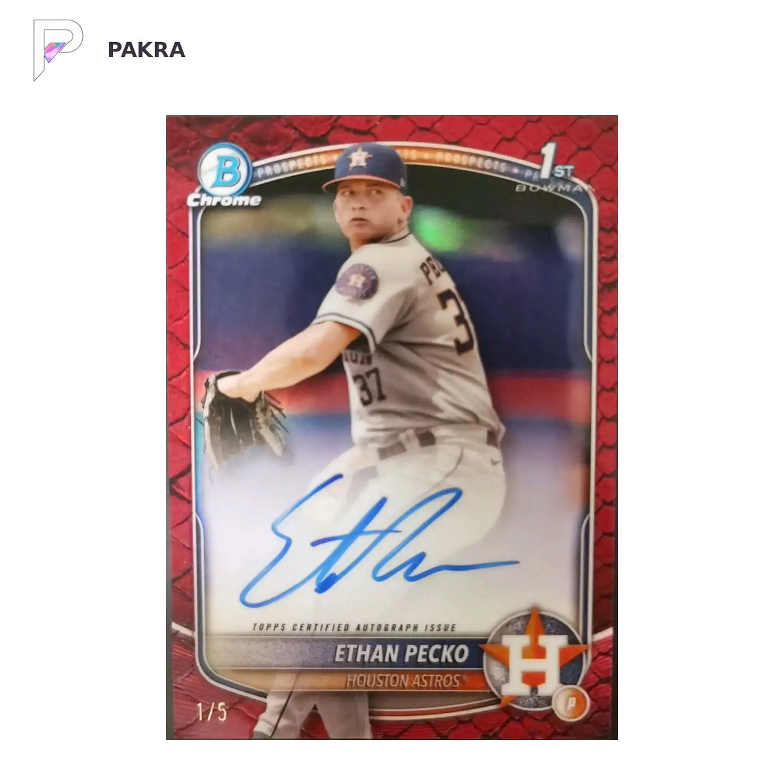 Ethan Pecko 2025 Bowman Chrome Auto 1st 1/5 shown on a white PAKRA background.