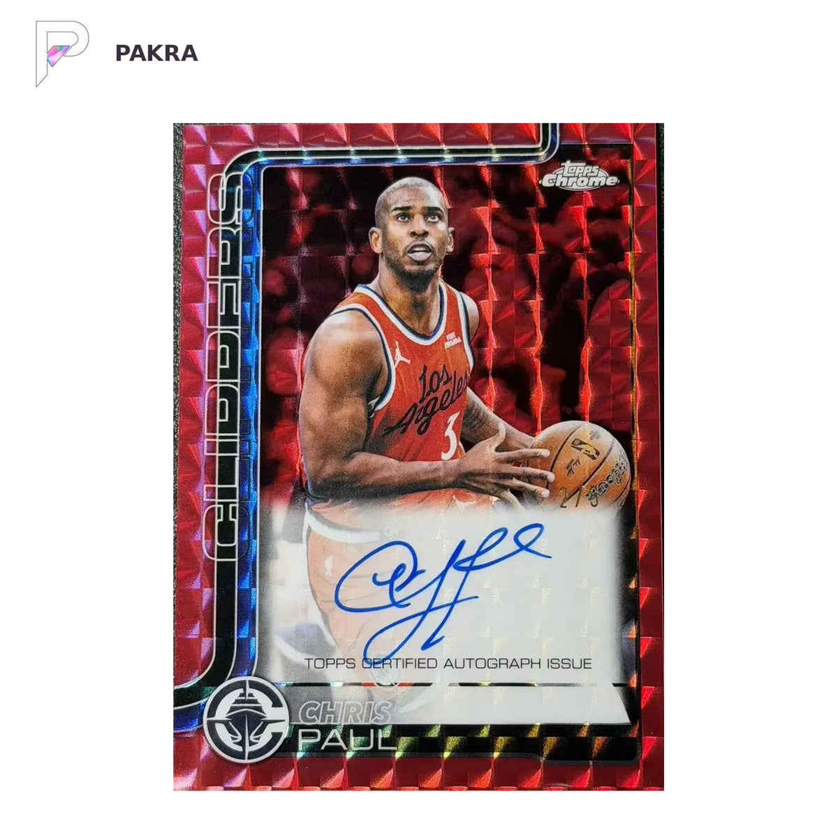 2025-26 Topps Chrome Update Chris Paul Red Geometric Refractor Auto /5 TCA shown on a white PAKRA background.