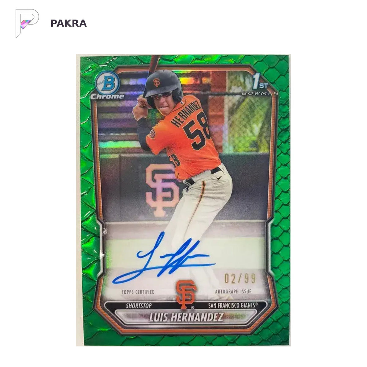 2026 Topps Bowman Chrome Luis Hernandez 1st Auto Green Reptilian REF 2/99 shown on a white PAKRA background.
