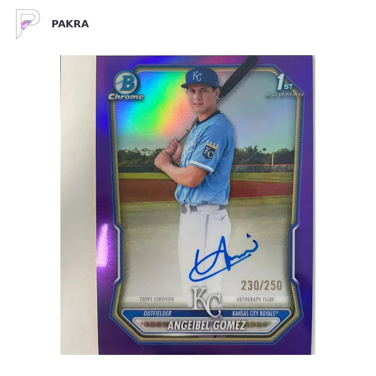 2026 Topps Bowman Chrome Angeibel Gomez 1st Auto Purple Refractor 230/250 shown on a white PAKRA background.