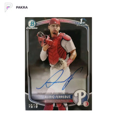 Alirio Ferrebus 2025 1st Bowman Sapphire Auto Black 10/10 shown on a white PAKRA background.