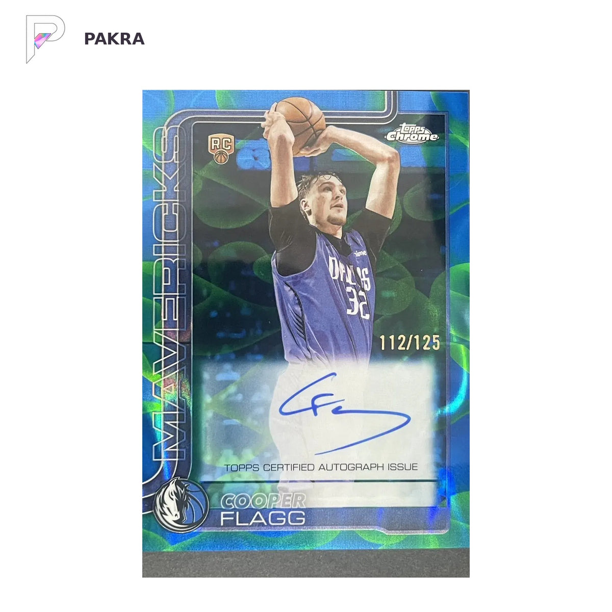 2025‑26 Topps Chrome Update Cooper Flagg RC Blue/Green Lava Lamp Auto /125 shown on a white PAKRA background.
