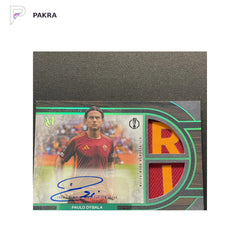 2025-26 Topps Museum UEFA Paulo Dybala Dual Patch MW Auto PA Emerald 1/1 shown on a white PAKRA background.