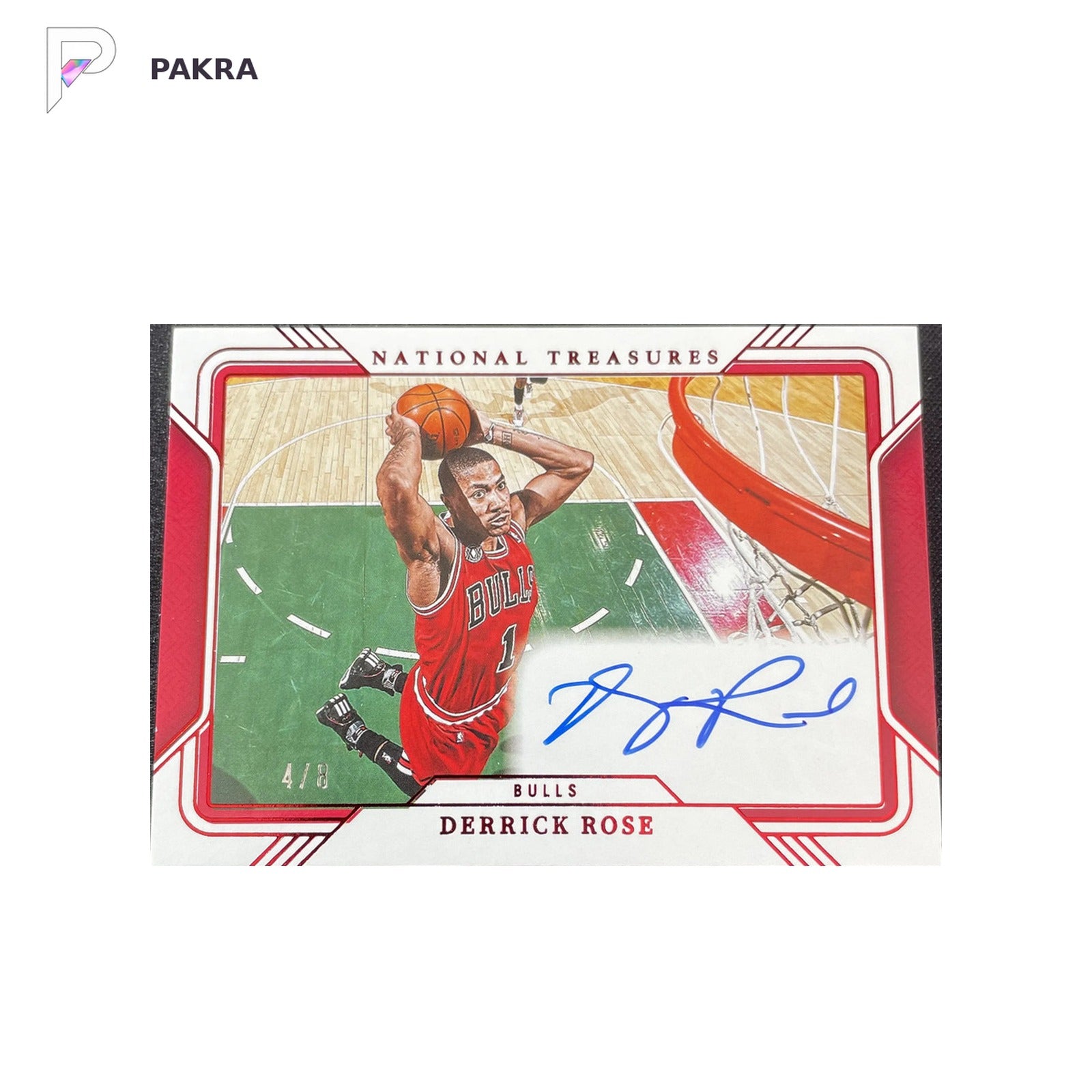 2024-25 Panini National Treasures Court Pass Auto Derrick Rose Red 4/8 shown on a white PAKRA background.