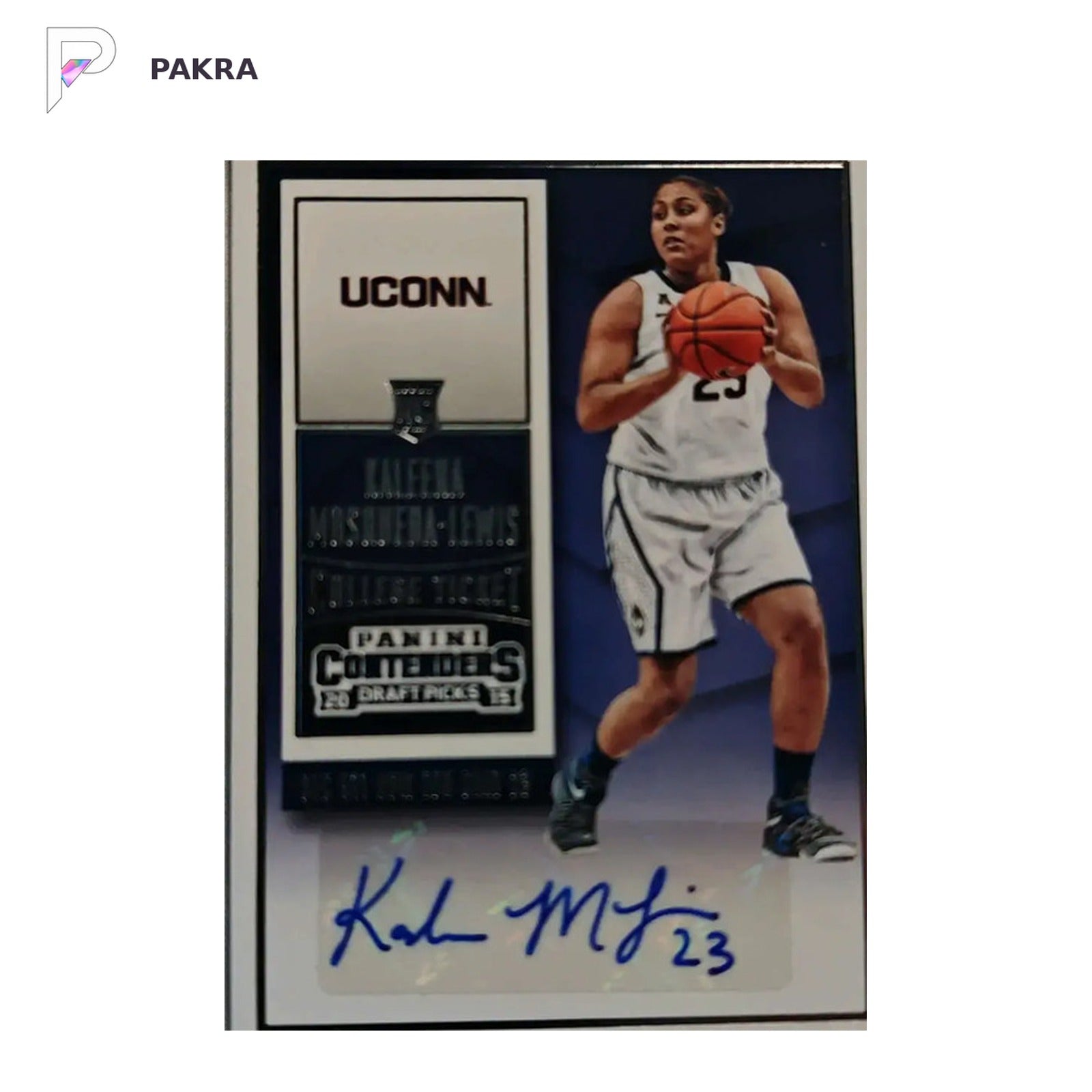kaleena mosquada lewis 2015 rookie autograph /23 shown on a white PAKRA background.