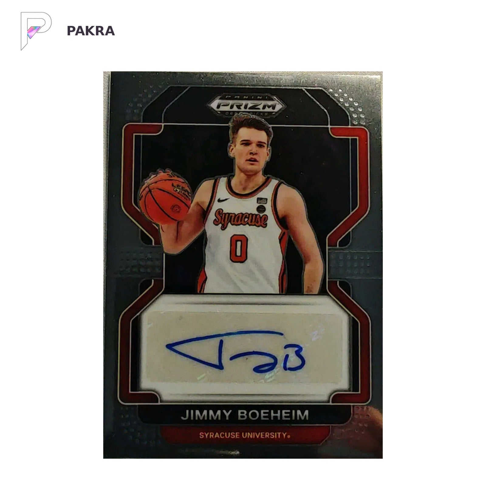 2022-23 Panini Prizm Draft Picks Jimmy Boeheim PrizmAuto #DP-JIM Syracuse shown on a white PAKRA background.