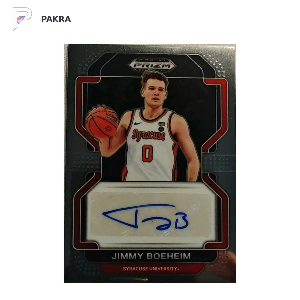 2022-23 Panini Prizm Draft Picks Jimmy Boeheim PrizmAuto #DP-JIM Syracuse shown on a white PAKRA background.