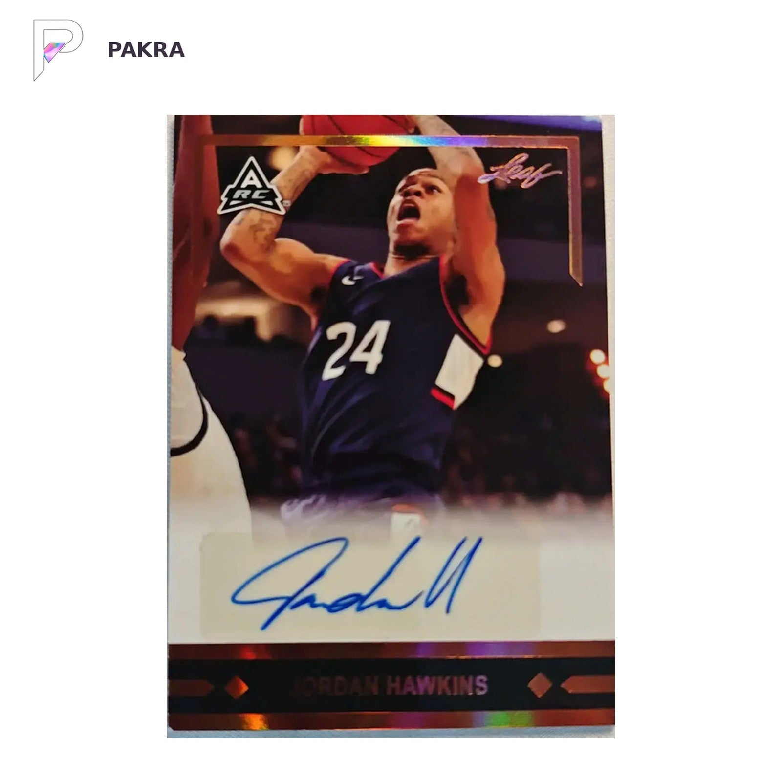 2022 Leal Trading Cards JORDAN HAWKINS GLR-JH2 GOLD ROOKIES auto shown on a white PAKRA background.