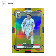 2026 Prizm FIFA World Cup Antonio Nusa /10 TRUE Gold NORWAY shown on a white PAKRA background.