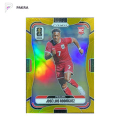 2026 Panini Prizm Jose Luis Rodriguez Gold RC 7/10 jersey number Panama shown on a white PAKRA background.