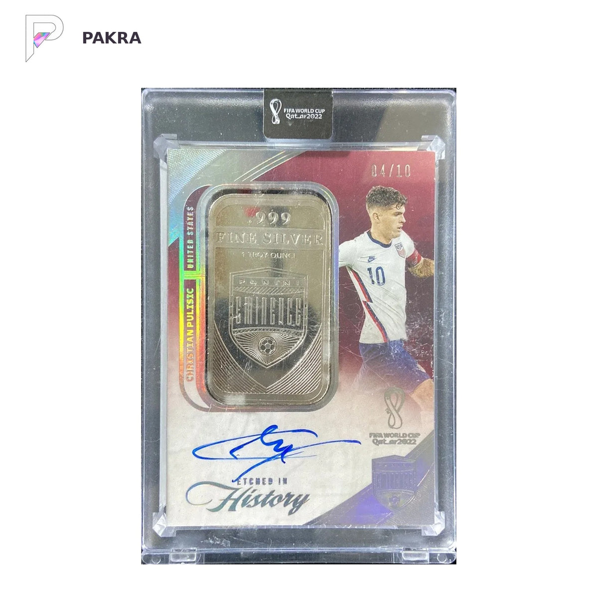2022 Eminence Christian Pulisic Gold Etched In History Auto Silver Bar 4/10 shown on a white PAKRA background.