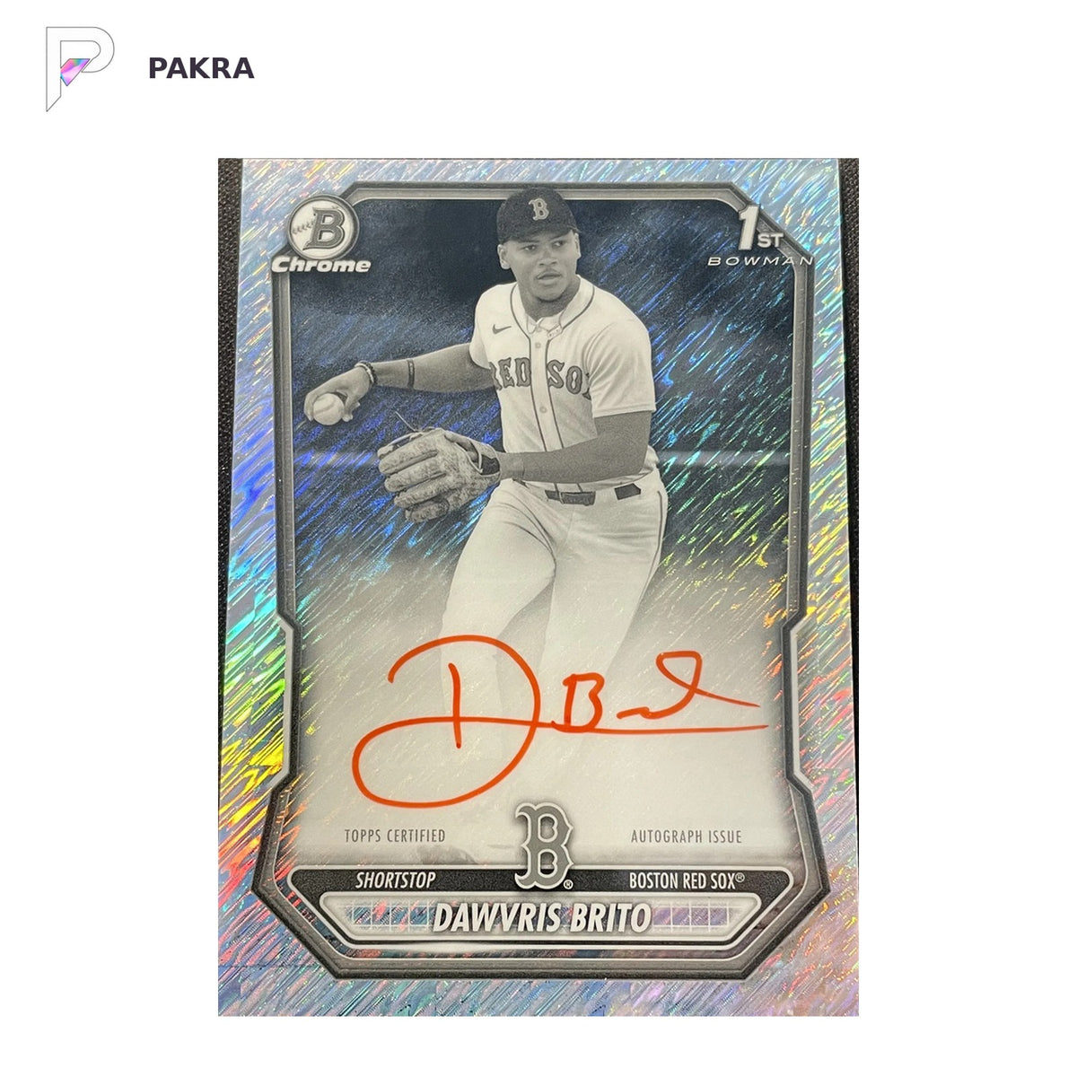2026 Topps Bowman Chrome Dawvris Brito 1st Auto Black & White Shimmer SP shown on a white PAKRA background.
