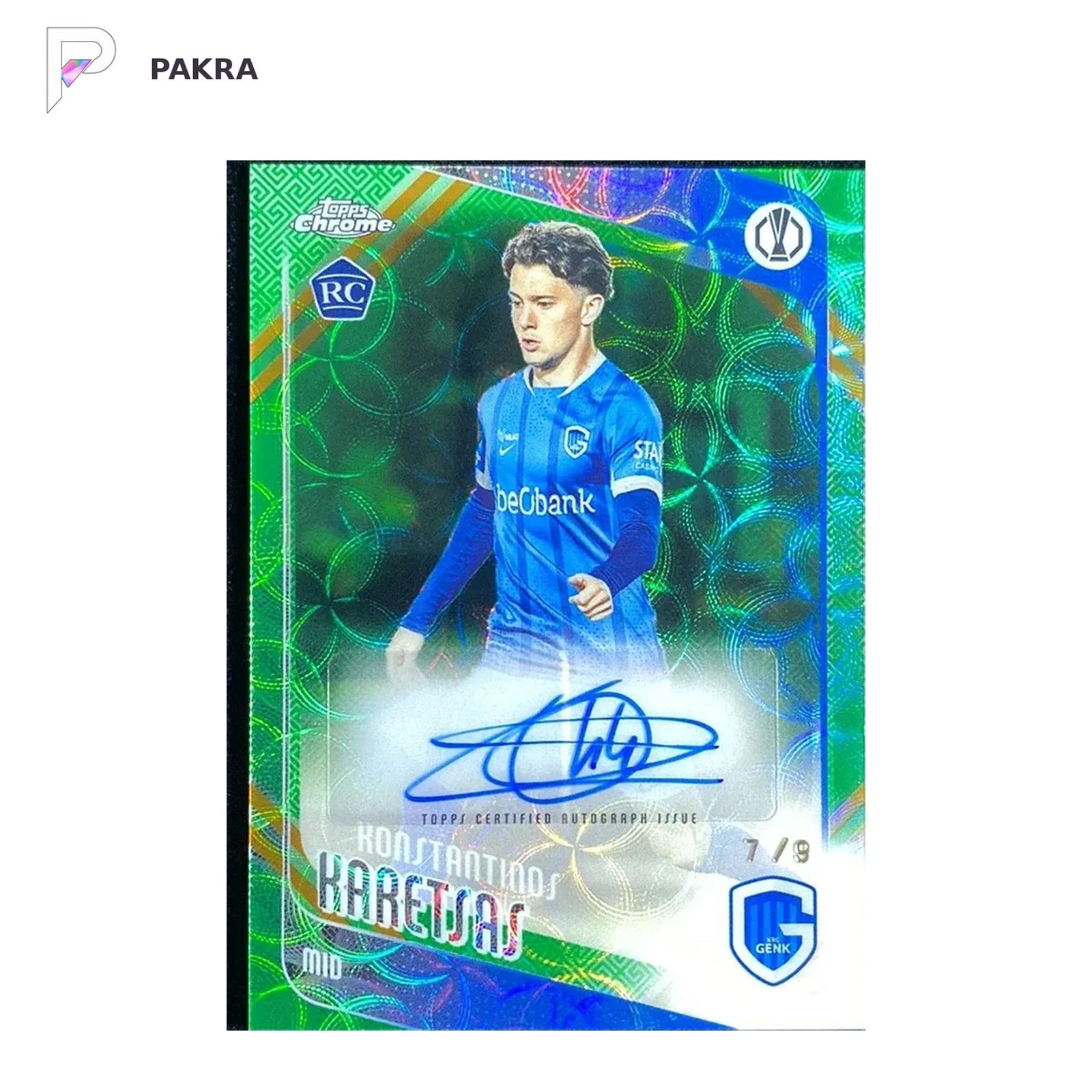 2025-26 Topps Chrome UCC Hongbao Konstantinos Karetsas RC Auto Green 7/9 shown on a white PAKRA background.