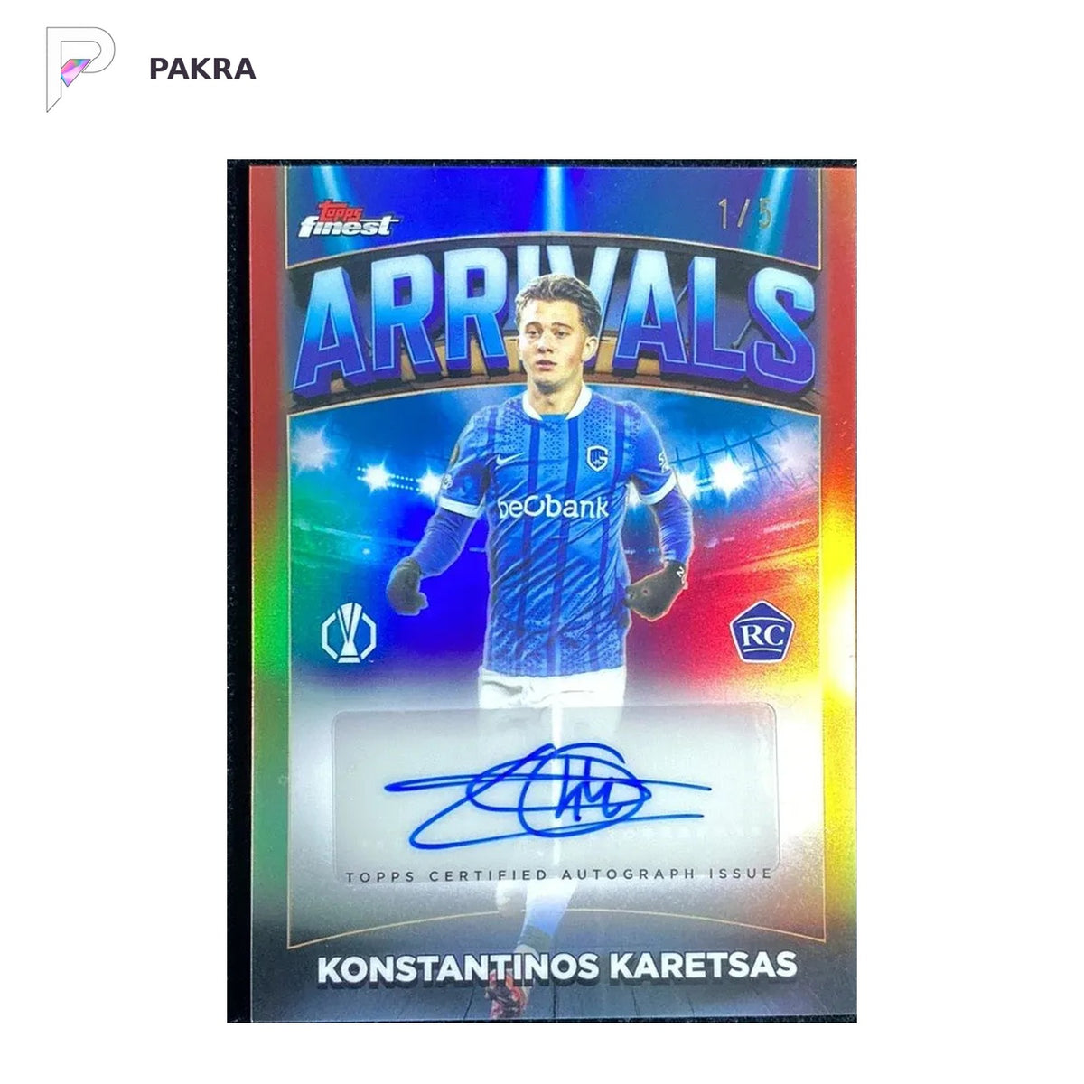 2025-26 Topps Finest UCC Konstantinos Karetsas RC Arrivals Auto Red 1/5 shown on a white PAKRA background.